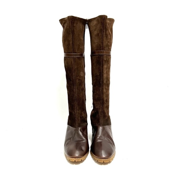 Vintage 1970s brown suede leather accent knee high zip up heeled fashion boots - Picture 3 of 9